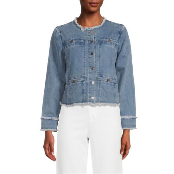 ecru Frayed-Trim Blue Denim Jacket Women’s Size Small - Picture 1 of 6